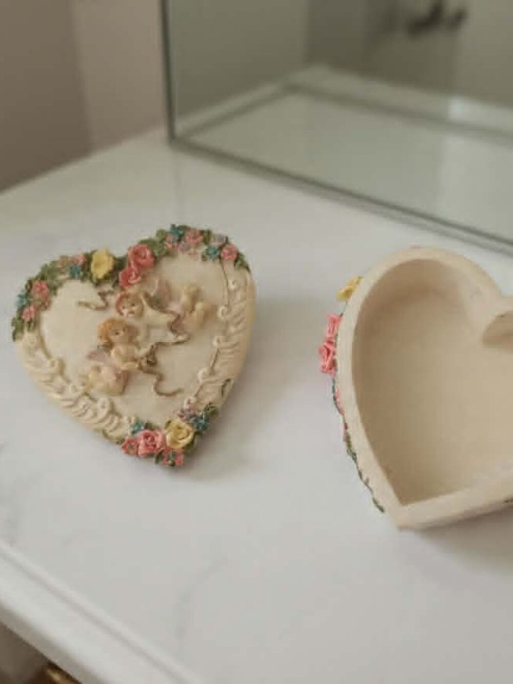 Vintage Heart Shaped Trinket Box With Roses Print and Angels on Lid